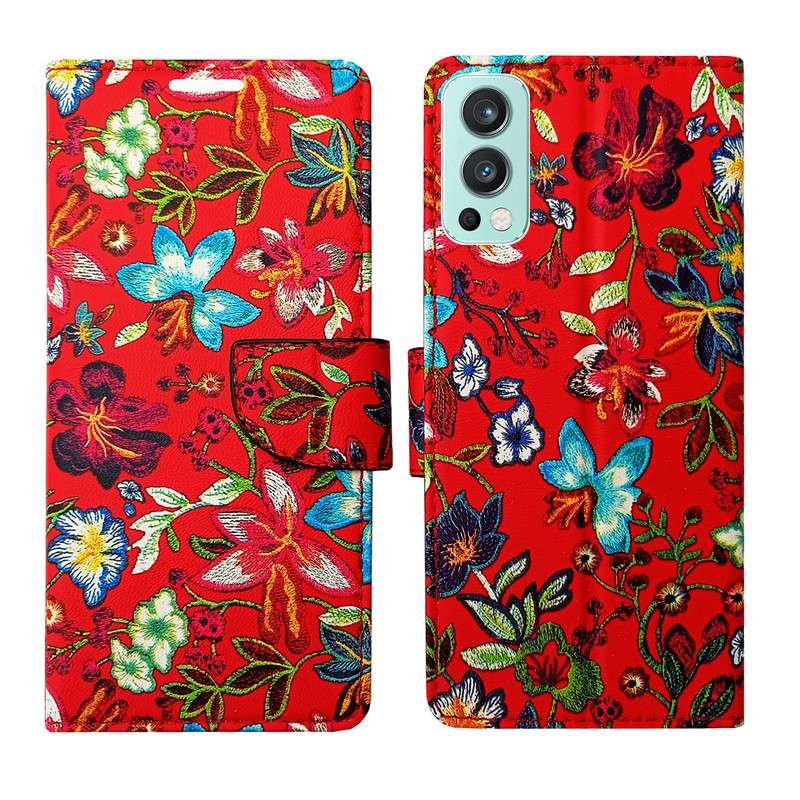 Dhar Flips Red Pattern Flip Cover One Plus Nord 2 | Leather Finish | Shock Proof | Magnetic Clouser | Light Weight | Compatible with One Plus Nord 2 Cover | Best Designer Cover For One Plus Nord 2