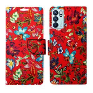 Dhar Flips Red Pattern Flip Cover Oppo Reno 6 5G | Leather Finish | Shock Proof | Magnetic Clouser | Light Weight | Compatible with Oppo Reno 6 5G Cover | Best Designer Cover For Oppo Reno 6 5G