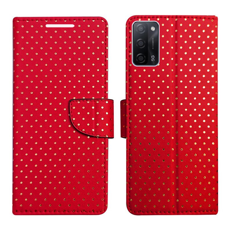 Dhar Flips Red Dot Flip Cover Oppo A53s | Leather Finish | Shock Proof | Magnetic Clouser | Light Weight | Compatible with Oppo A53s Cover | Best Designer Cover For Oppo A53s