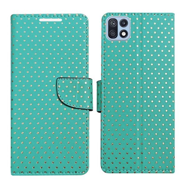 Dhar Flips Aquamarine Dot Flip Cover Samsung F42 5G | Leather Finish | Shock Proof | Magnetic Clouser | Light Weight | Compatible with Samsung F42 5G Cover | Best Designer Cover For Samsung F42 5G