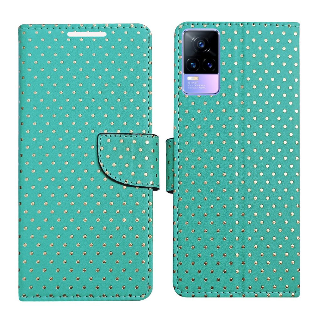 Dhar Flips Aquamarine Dot Flip Cover Vivo Y73 | Leather Finish | Shock Proof | Magnetic Clouser | Light Weight | Compatible with Vivo Y73 Cover | Best Designer Cover For Vivo Y73