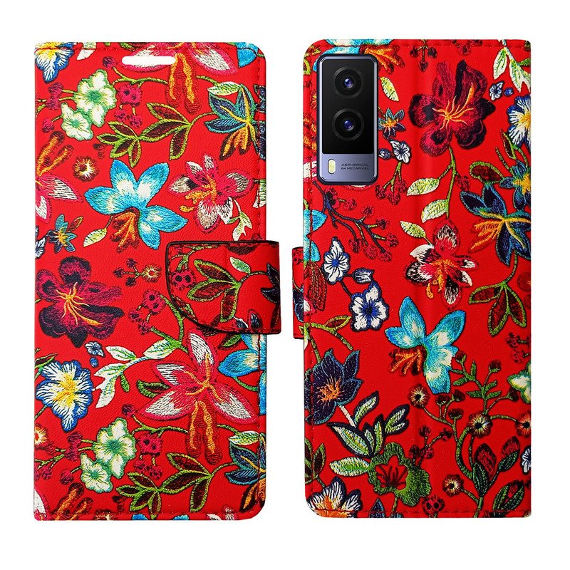 Dhar Flips Red Pattern Flip Cover Vivo V21e 5G | Leather Finish | Shock Proof | Magnetic Clouser | Light Weight | Compatible with Vivo V21e 5G Cover | Best Designer Cover For Vivo V21e 5G