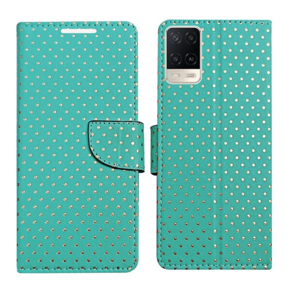 Dhar Flips Aquamarine Dot Flip Cover Oppo A54 | Leather Finish | Shock Proof | Magnetic Clouser | Light Weight | Compatible with Oppo A54 Cover | Best Designer Cover For Oppo A54
