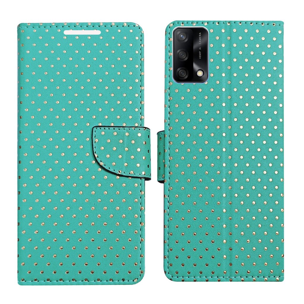 Dhar Flips Aquamarine Dot Flip Cover Oppo F19 | Leather Finish | Shock Proof | Magnetic Clouser | Light Weight | Compatible with Oppo F19 Cover | Best Designer Cover For Oppo F19