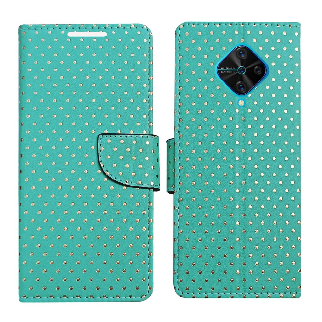 Dhar Flips Aquamarine Dot Flip Cover Vivo S1 Pro | Leather Finish | Shock Proof | Magnetic Clouser | Light Weight | Compatible with Vivo S1 Pro Cover | Best Designer Cover For Vivo S1 Pro