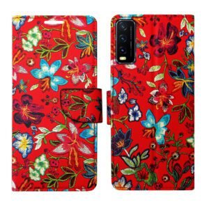 Dhar Flips Red Pattern Flip Cover Vivo Y12s | Leather Finish | Shock Proof | Magnetic Clouser | Light Weight | Compatible with Vivo Y12s Cover | Best Designer Cover For Vivo Y12s