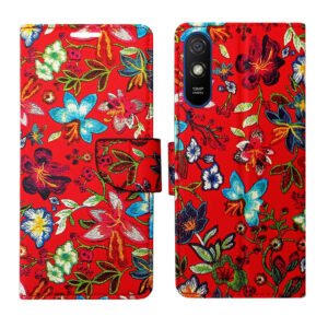 Dhar Flips Red Pattern Flip Cover Redmi 9i | Leather Finish | Shock Proof | Magnetic Clouser | Light Weight | Compatible with Redmi 9i Cover | Best Designer Cover For Redmi 9i