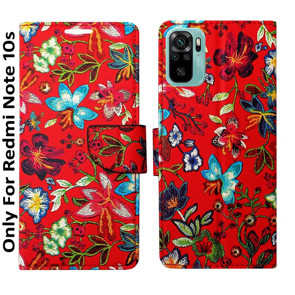 Dhar Flips Red Pattern Flip Cover Redmi Note 10s | Leather Finish | Shock Proof | Magnetic Clouser | Light Weight | Compatible with Redmi Note 10s Cover | Best Designer Cover For Redmi Note 10s