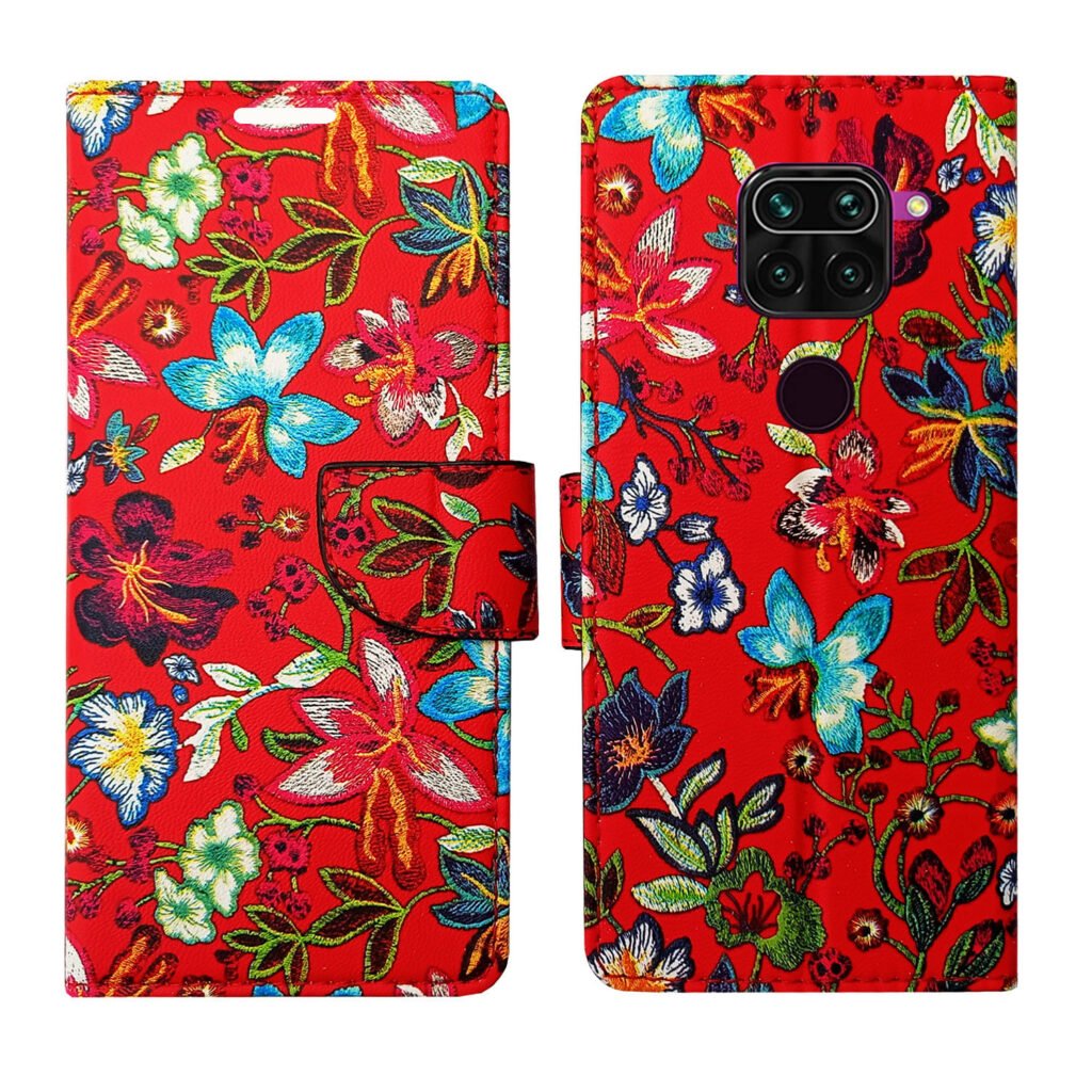 Dhar Flips Red Pattern Flip Cover Redmi Note 9 | Leather Finish | Shock Proof | Magnetic Clouser | Light Weight | Compatible with Redmi Note 9 Cover | Best Designer Cover For Redmi Note 9