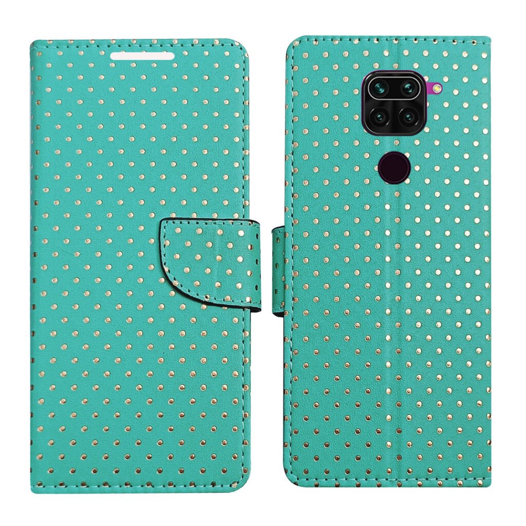 Dhar Flips Aquamarine Dot Flip Cover Redmi Note 9 | Leather Finish | Shock Proof | Magnetic Clouser | Light Weight | Compatible with Redmi Note 9 Cover | Best Designer Cover For Redmi Note 9
