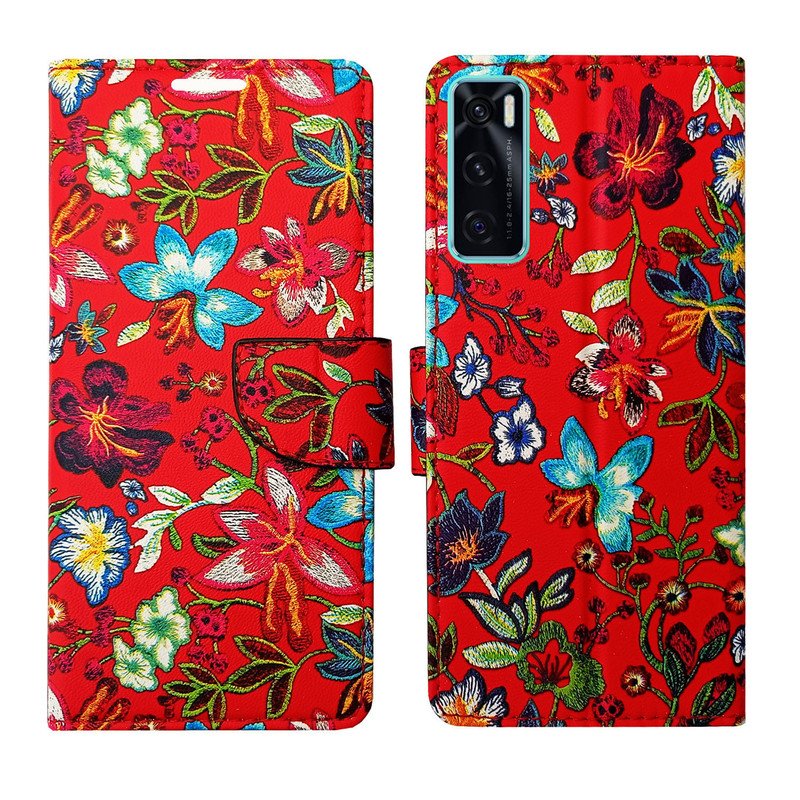 Dhar Flips Red Pattern Flip Cover Vivo V20 SE | Leather Finish | Shock Proof | Magnetic Clouser | Light Weight | Compatible with Vivo V20 SE Cover | Best Designer Cover For Vivo V20 SE